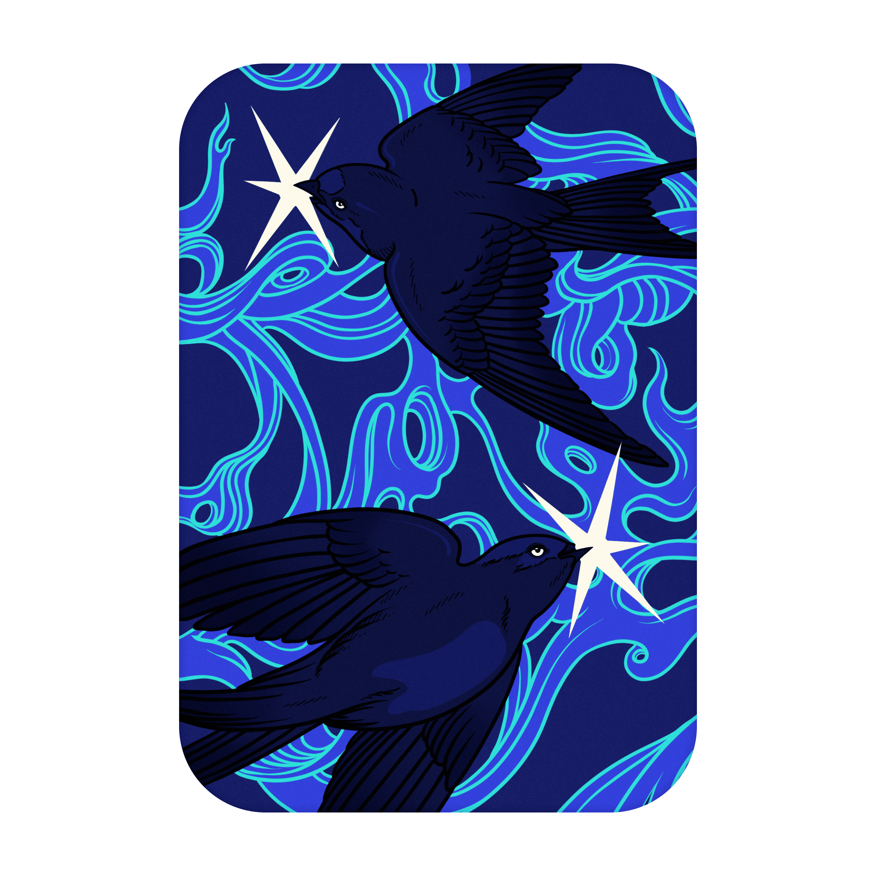Card with two black birds and stars on a blue and purple patterned background
